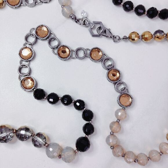 Glass Bead Long Necklace 37" Silver Tone Champagne Crystals - Picture 8 of 11